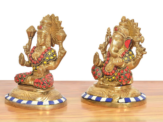 Brass Lakshmi Ganesha Statue - Handcrafted (Height: 5 Inch) (Multicolor 1)