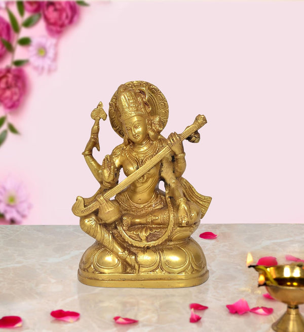 Brass Maa Saraswati Statue - Handcrafted Hindu Goddess Saraswati Idol for Home Decor and Pooja (Height 8 Inch) (Golden) Mandir Setting