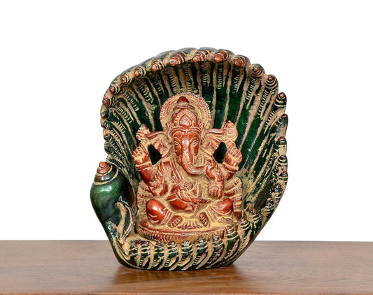 Brass Lord Ganesha in Green Shankh Shell Showpiece (Height 5.5 Inch)