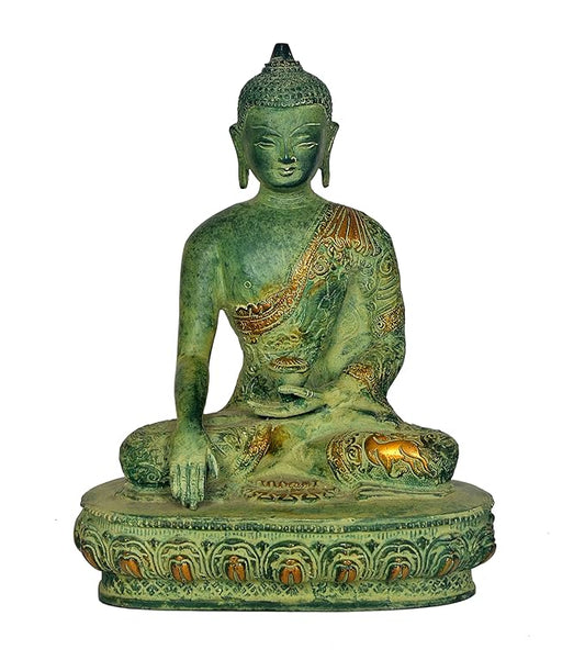 Brass Buddha Statue in Bhumisparsha Pose (Height: 10 Inches)