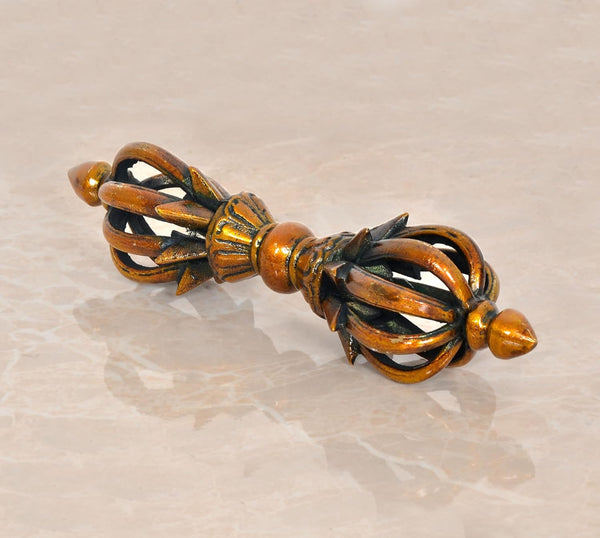 Brass Tibetan Buddhist Eight Pronged Small Dorje in Brass Handmade (Height: 7 inch) (Multicolor 1) Mandir Setting
