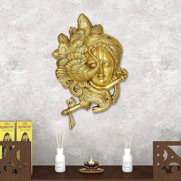 Brass Krishna Statue Idol Playing Flute Wall Hanging for Temple Home Decor Diwali | Height : 12.5 Inch (Golden) Mandir Setting