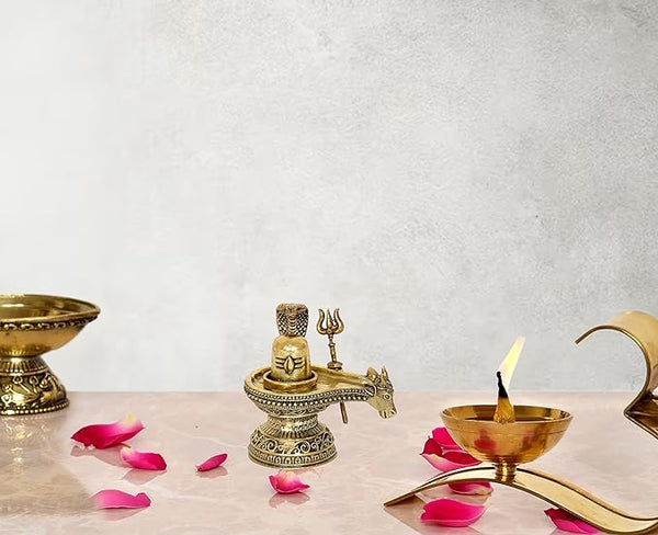 Brass Shiva Ling Murti Shivling with Nandi Maharaj Figurine Bronze Sculpture Deity Lord Shiva Statue Hindu Puja Vastu Gifts Home Decor Height: 2.5 inch Mandir Setting