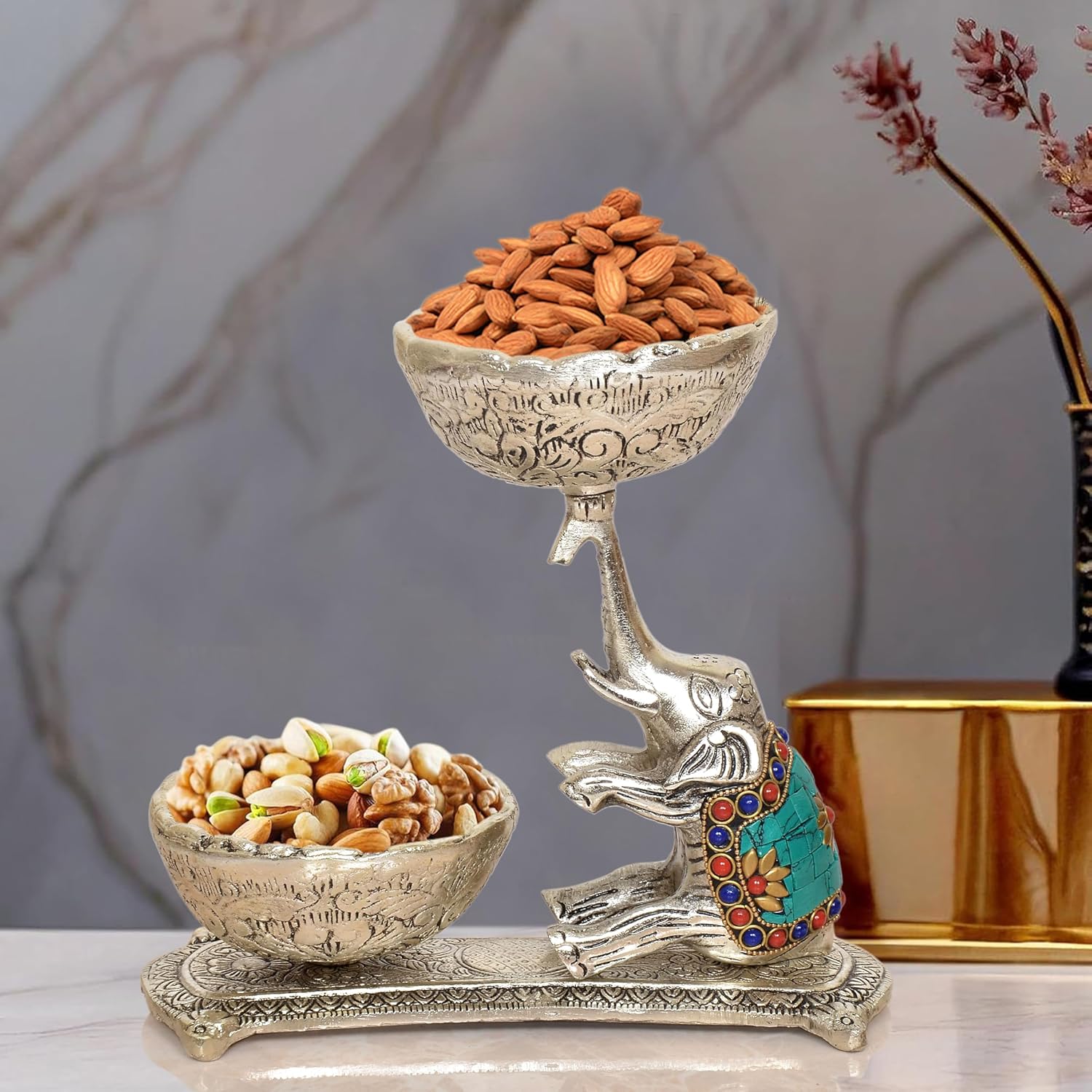 Metal Elephant Dry Fruit Bowl Showpiece Silver Polish Finish (Height 8 Inch)