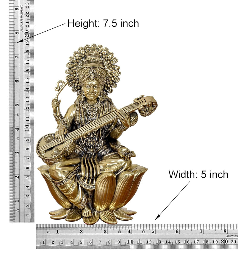 Bronze Maa Saraswati Statue on lotus (Height 7.5 Inch)