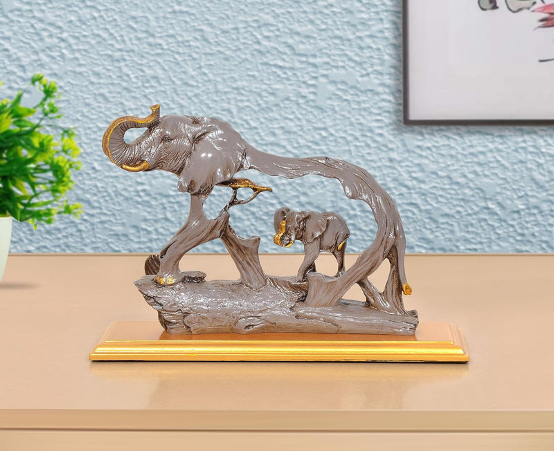 Resin Trunk Up Elephant with Baby showpiece (Height 7 Inch)