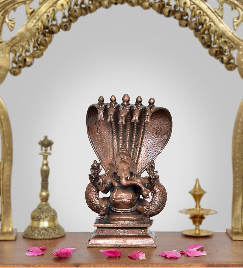 Copper Lord Ganesha with Adishesha Nag Statue (Height 6 Inch)
