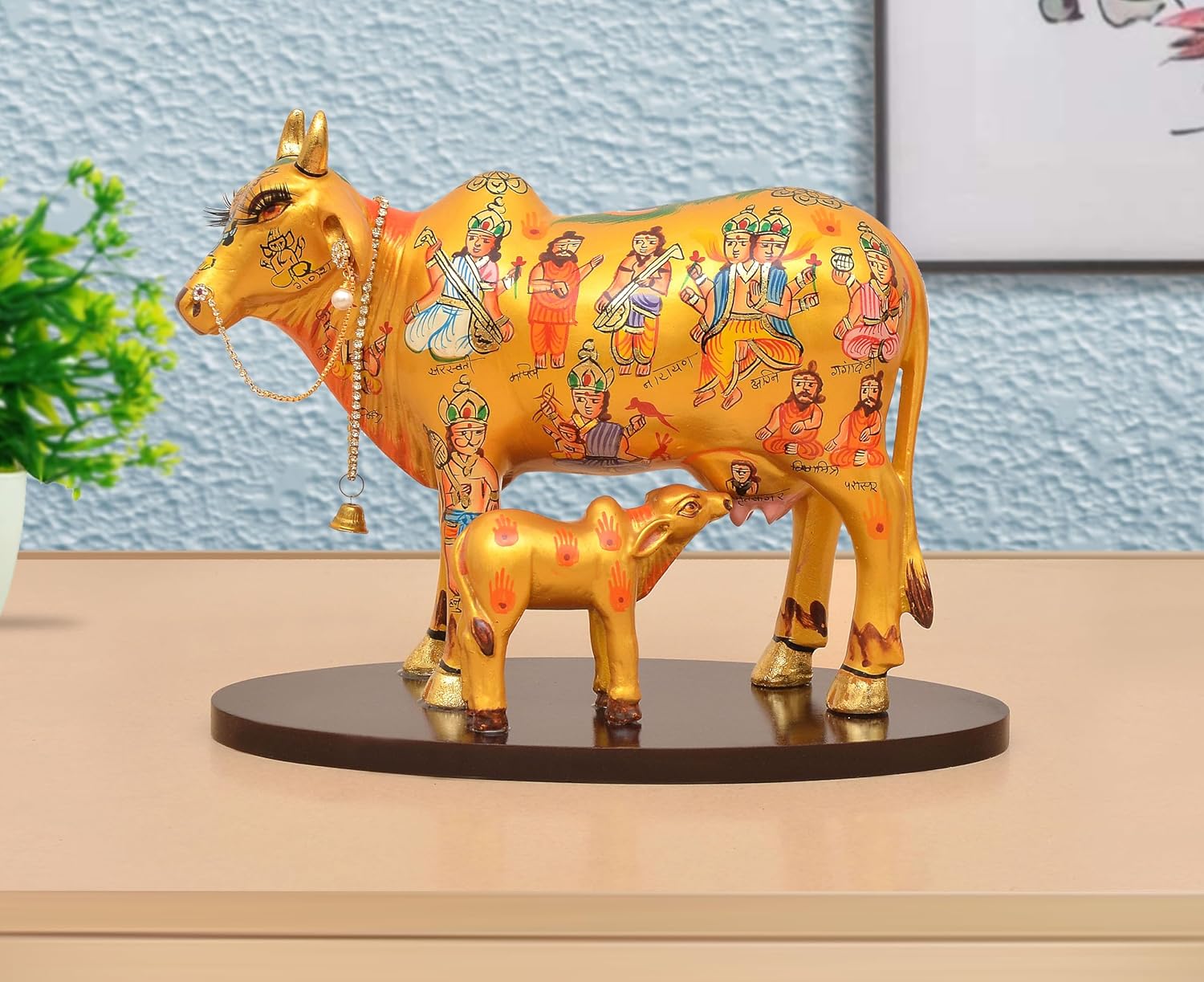 Resin Kamdhenu Cow with Calf God Figure Statue (Height: 8 Inch)