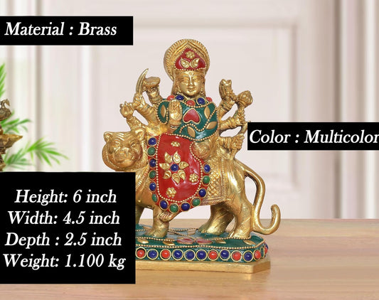 Brass Durga Maa with Lion Statue (Height: 6 Inch) (Multicolor 1)