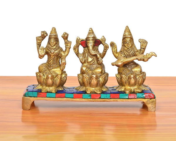 Brass Lakshmi Ganesha Saraswati Idol (Height: 3.5 inch) Study Setting