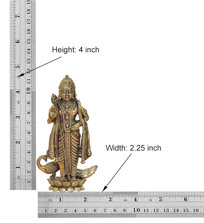 Bronze Standing Lord Kartikeya with Peacock Murugan Murti (Height 4.5 Inch)