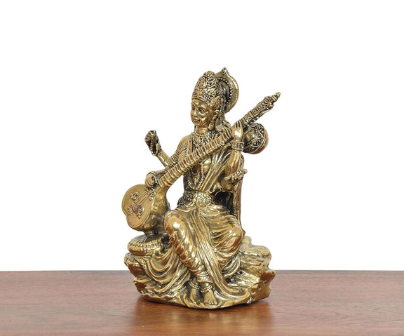 Bronze Maa Saraswati Statue Suited for School Bag  (Height 5 Inch)