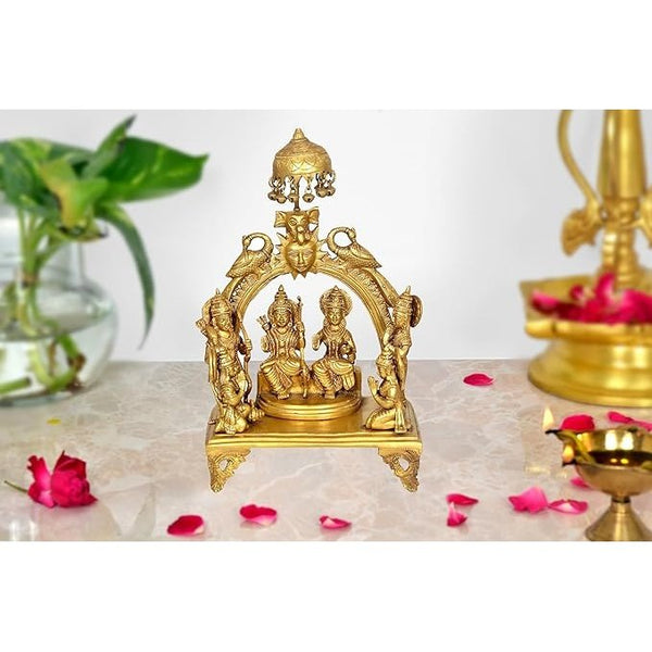Brass Ram Darbar Murti with Chtra On Top with Sun Peacock and Singhashan for Home Décor Bhagwan Ram Darbar with Sita Laxman Hanuman Idol Statue for Mandir Temple Mandir Setting