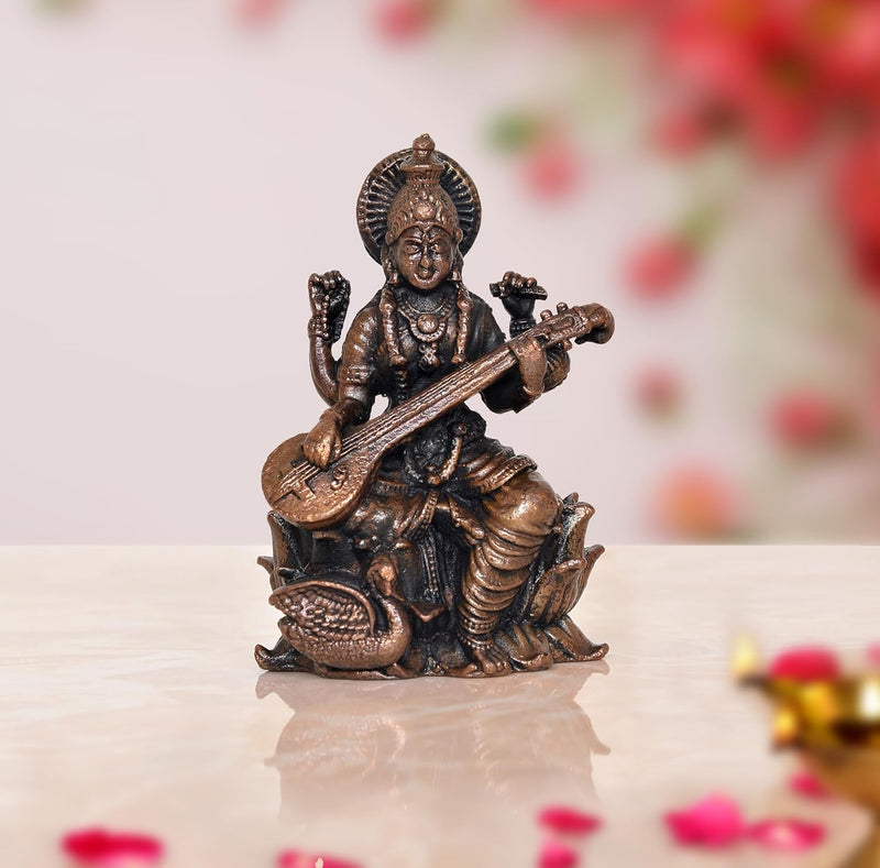 Copper Goddess Saraswati Statue Suited for School Bag (Height: 2.5 Inch)