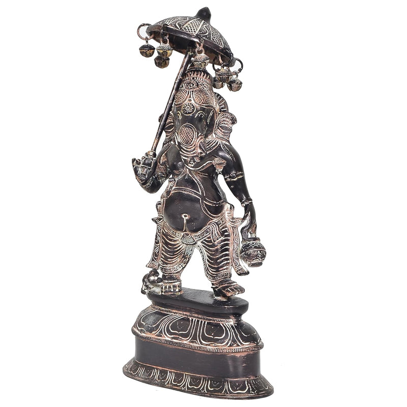 Brass Ganesha Holding Parasol in One Hand Statue (Height:15 Inch)