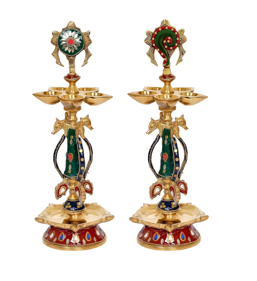 Brass Shankh Chakra Oil Lamps Diya for Home Decor Office Decor Showpiece Idol Figurine Sculpture for Home Decoration Pack of 2 (Height 14.5 Inch) Craft Detail