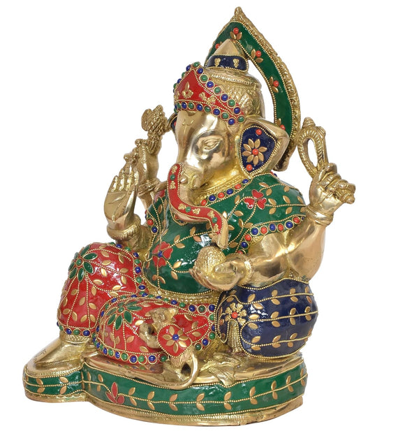 Brass Lord Ganesha Idol Sitting Ganesh Statue Decorative Sculpture for Home Decor Office Mandir Pooja Temple (Height 12Inch) Study Setting