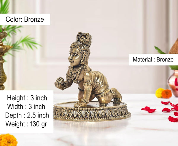 Superfine Brass Bal Krishna Laddu Gopal Makhan Chor Idol (Height 3 Inch) Entryway Setting