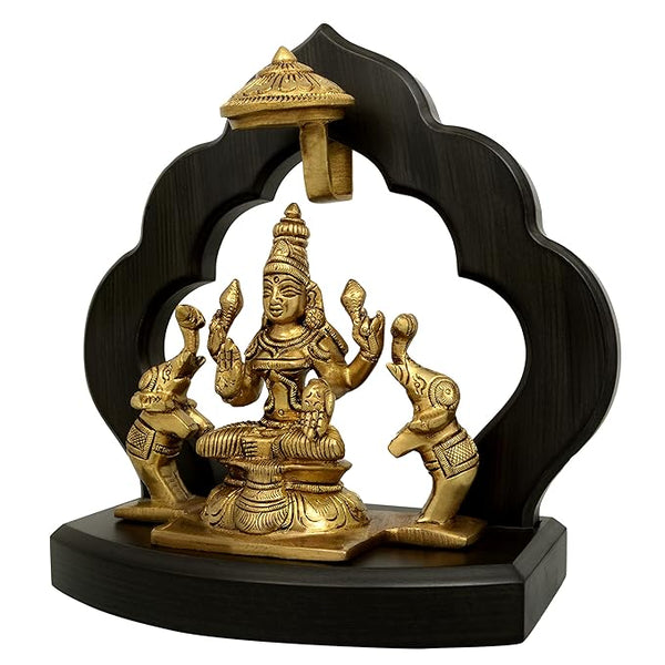 Brass Gaja Maha Lakshmi Sitting on Wooden Temple Idol/Gaja Dhan Lakshmi Brass Idol/Maha Lakshmi Brass Idol with Elephant for Good Luck, Success and Prosperity Height 7.5 Inch Entryway Setting