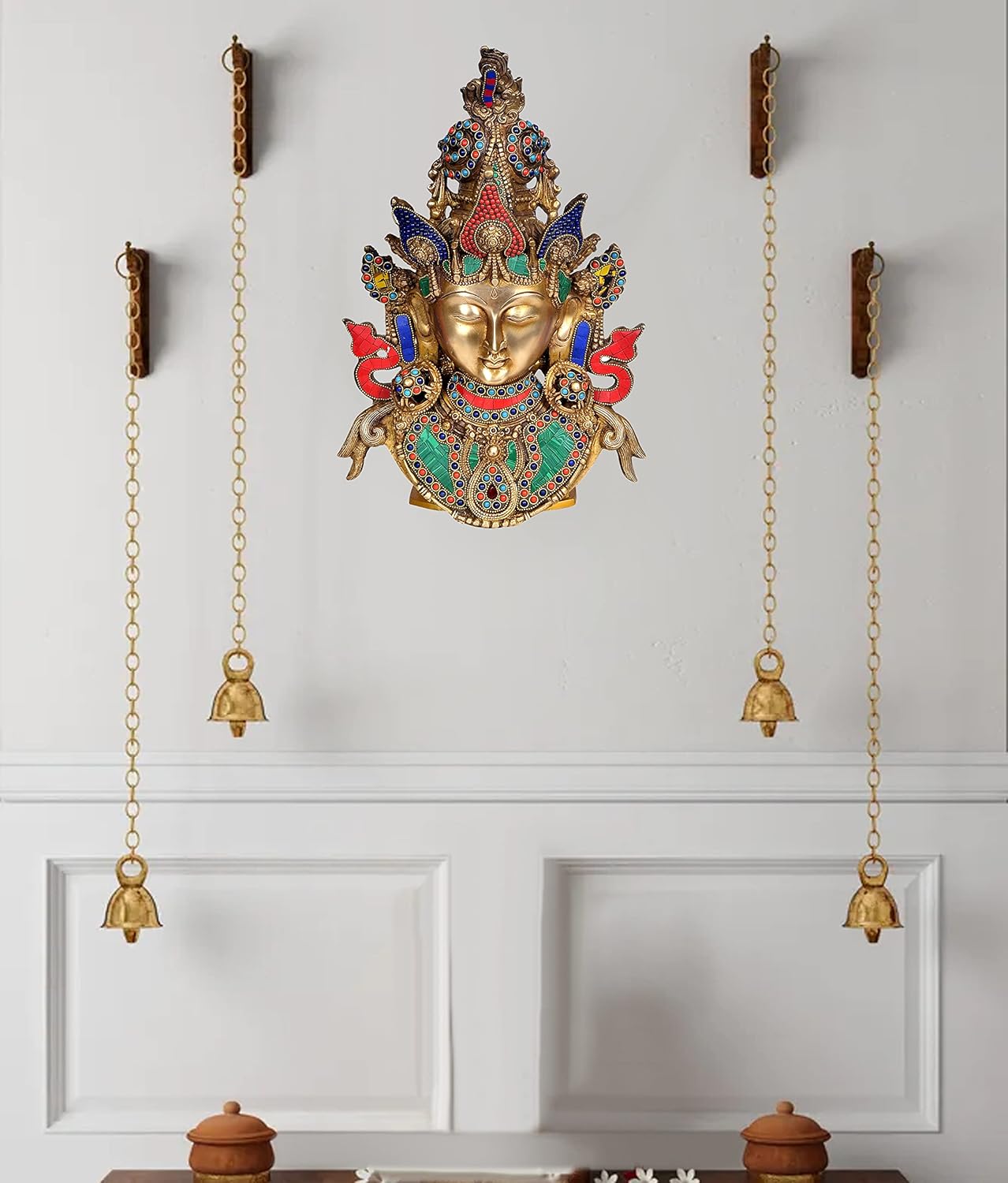 Brass Tara Devi Mask Wall Hanging Multicolour (Height 16 Inches)