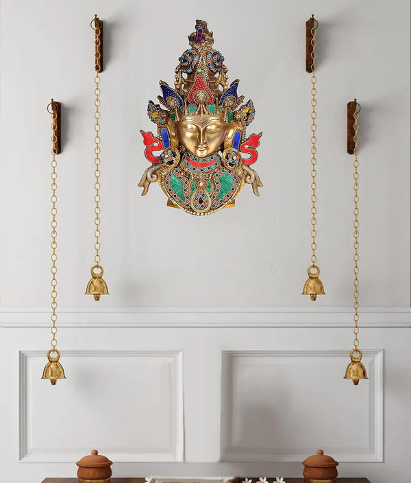 Brass Tara Devi Mask Wall Hanging Multicolour (Height 16 Inches) Mandir Setting