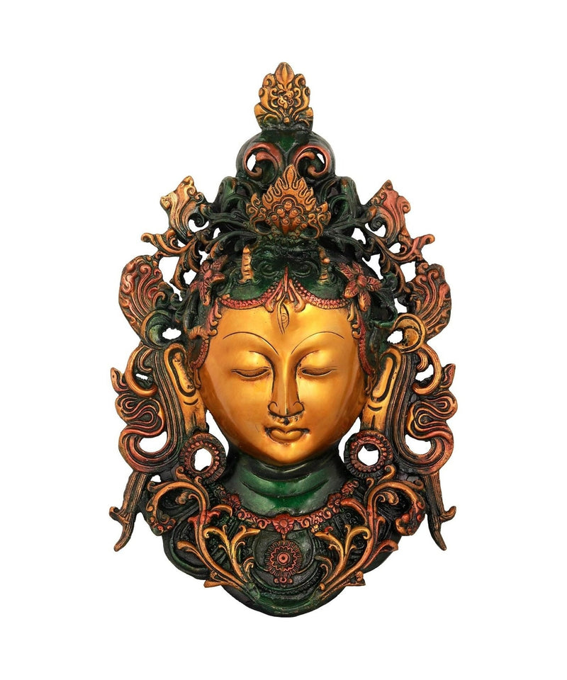 Brass Tara Mask Wall Hanging (Green Gold) (Height : 12 inch)