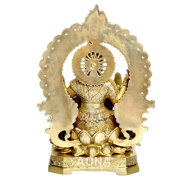 Goddess Lakshmi Carved Frame with Kirtimukha in Brass Idol Sitting On Lotus 42 cm Height 29 cm Width Entryway Setting