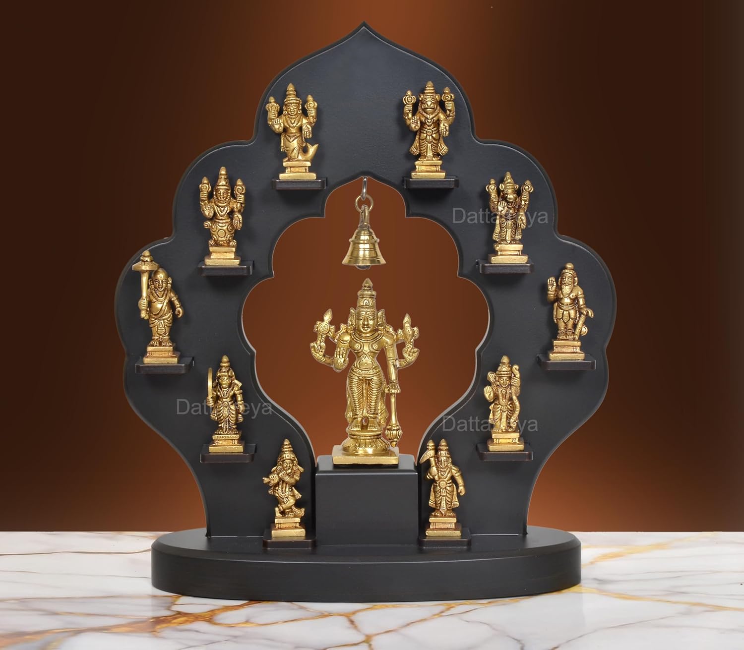 AONA Intricate Brass Dashavatara: Lord Vishnu's Ten Avatars Idol with Wooden Frame | 14" Hindu Collectible Art