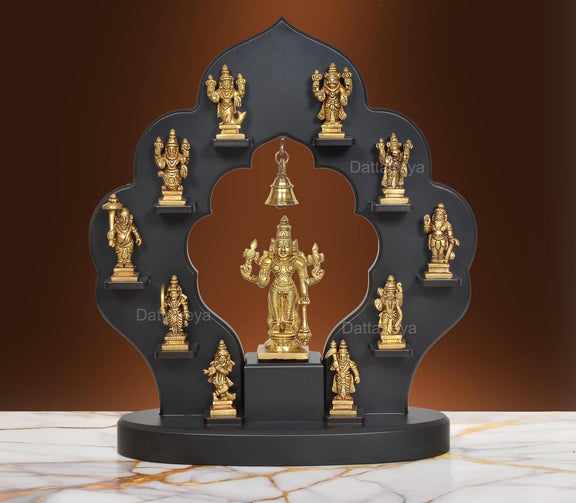 AONA Intricate Brass Dashavatara: Lord Vishnu's Ten Avatars Idol with Wooden Frame | 14" Hindu Collectible Art