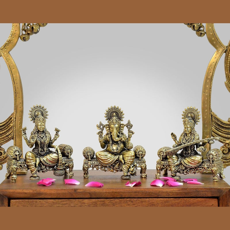 Fine Brass Ganesha laxmi Saraswati Idol on Singhasan (Height 4 Inch)