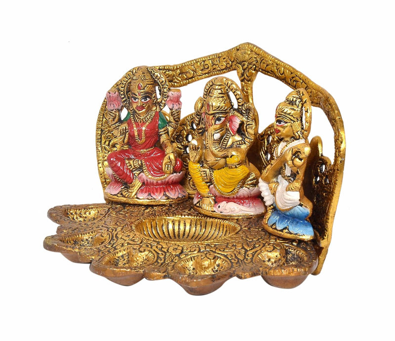 Metal Laxmi Ganesh Saraswati Idol Diya Oil Lamp Deepak with Hand Painting (Height: 5 Inch)