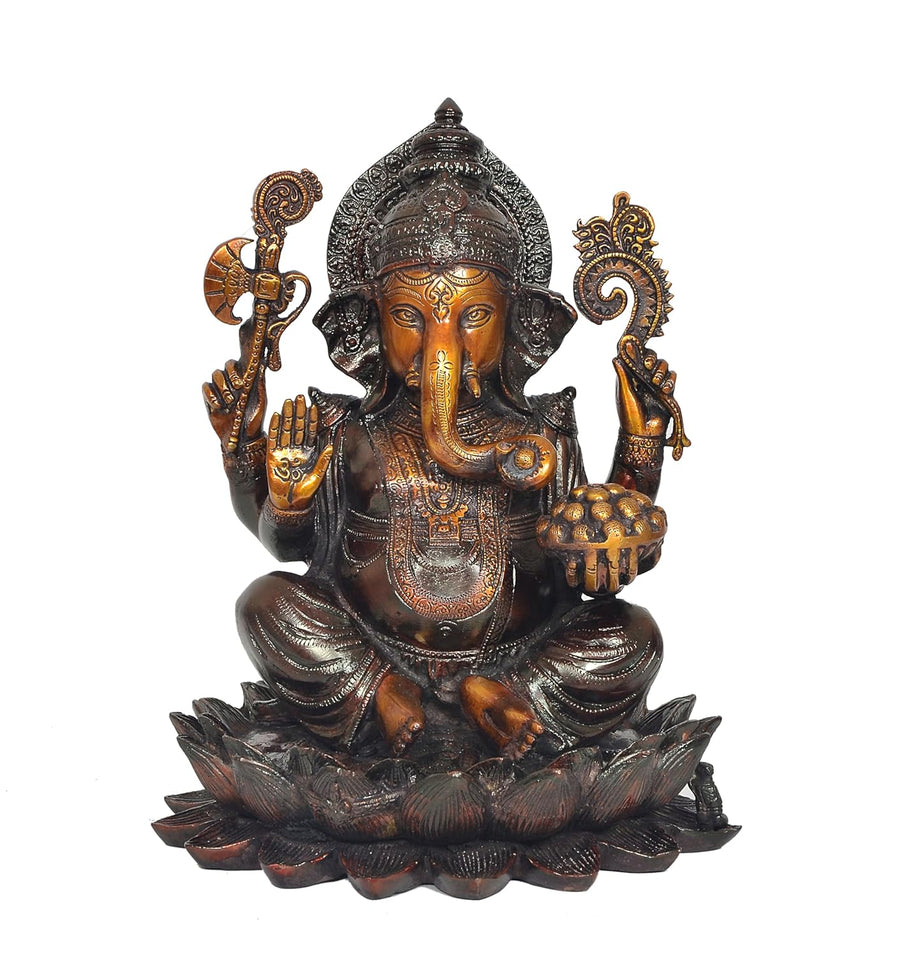 Brass Lord Ganesha Sitting on lotus (Height 11 Inch) Brown Craft Detail