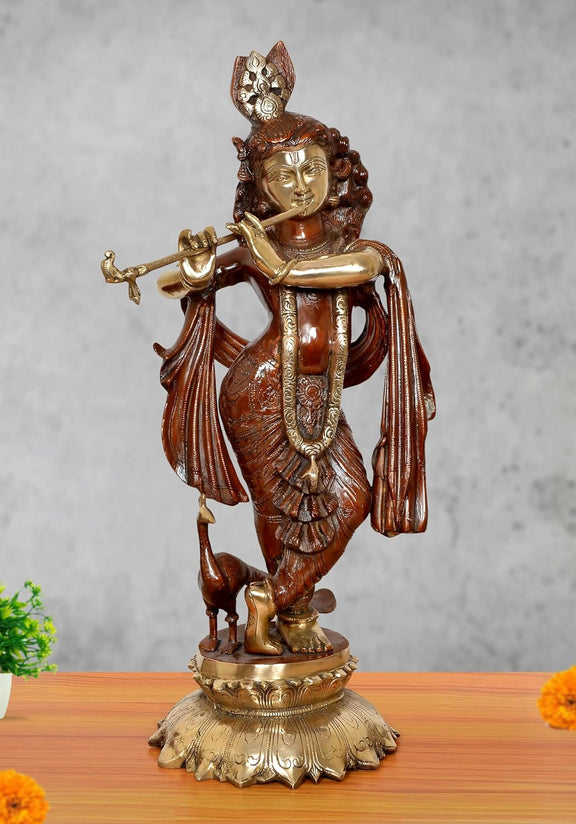AONA Brass Lord Krishna Idol Playing Flute