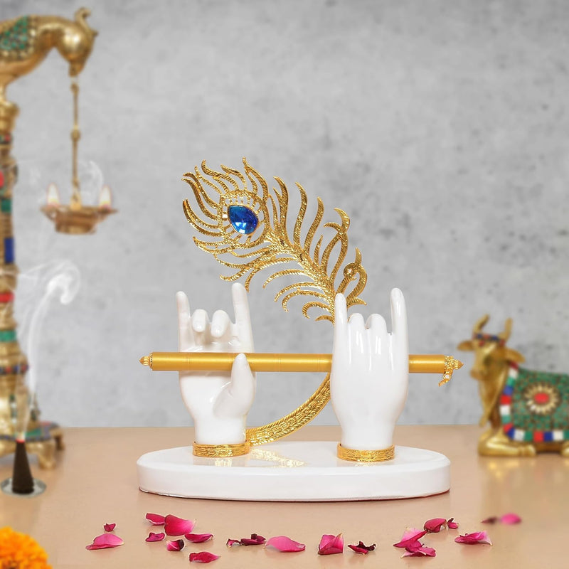 Resin White Krishna Ji Hands with Flute Figurine (Height: 7 Inch)