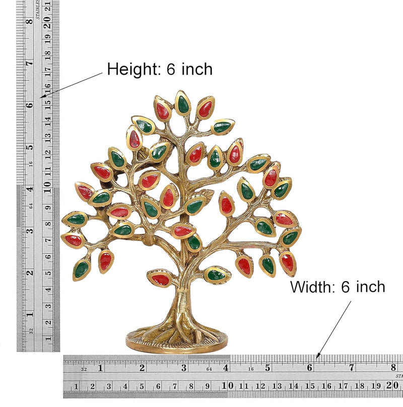 Brass Kalpavriksha Tree Table Standing with Stonework for Home Decor and Ofice Teble Decor Figurine (Height: 6 inch) (Multicolor Tree 2)