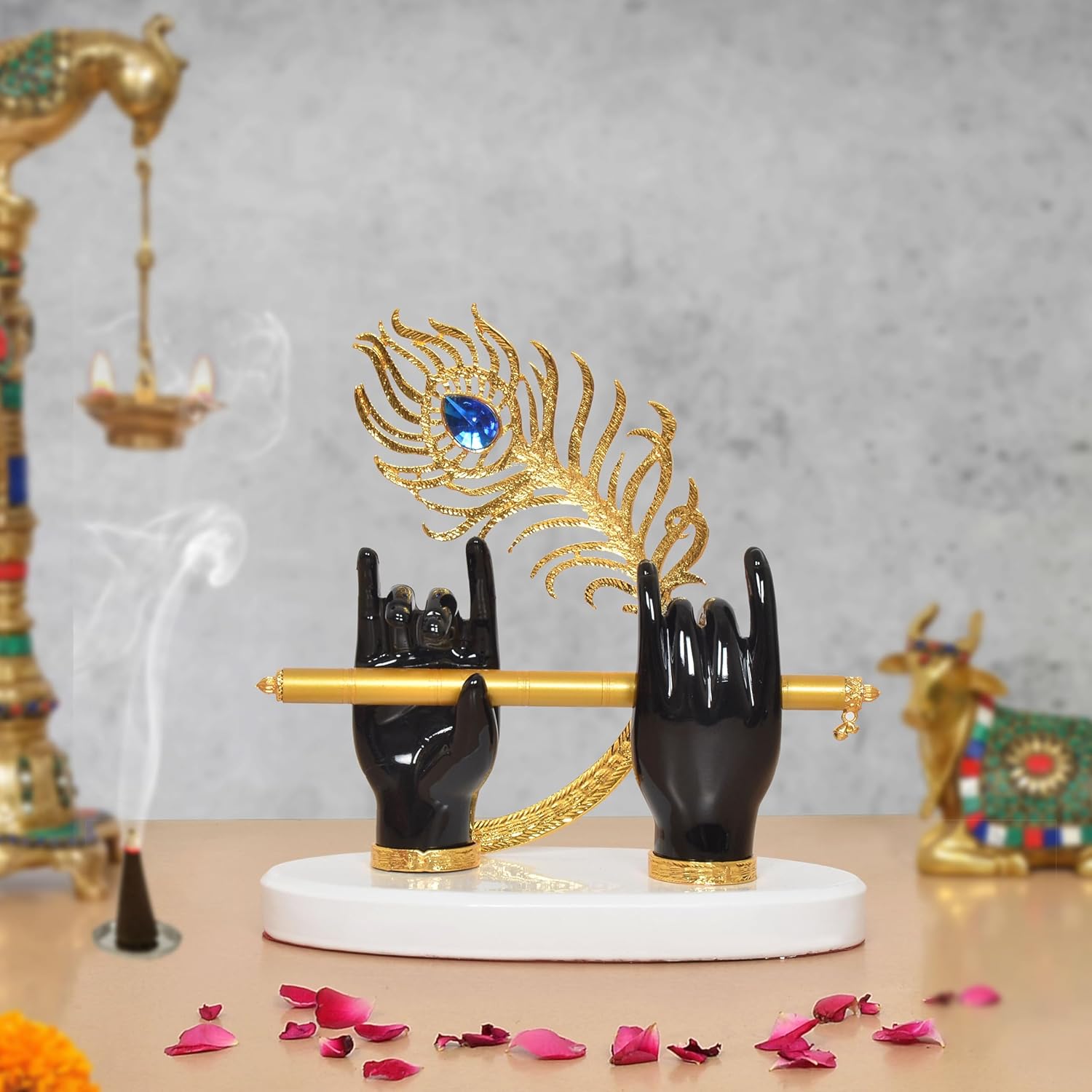 AONA Resin Black Krishna Ji Hands with Flute Decor