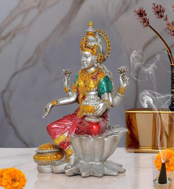 Silver Lord Lakshmi Murti Sitting On Lotus in Resin for Home Decor Mandir Puja (Height : 7 inch) Study Setting