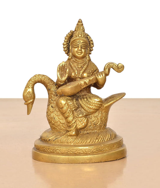 Brass Maa Goddess Saraswati Seated on Hans Idol (Height 5 Inch)