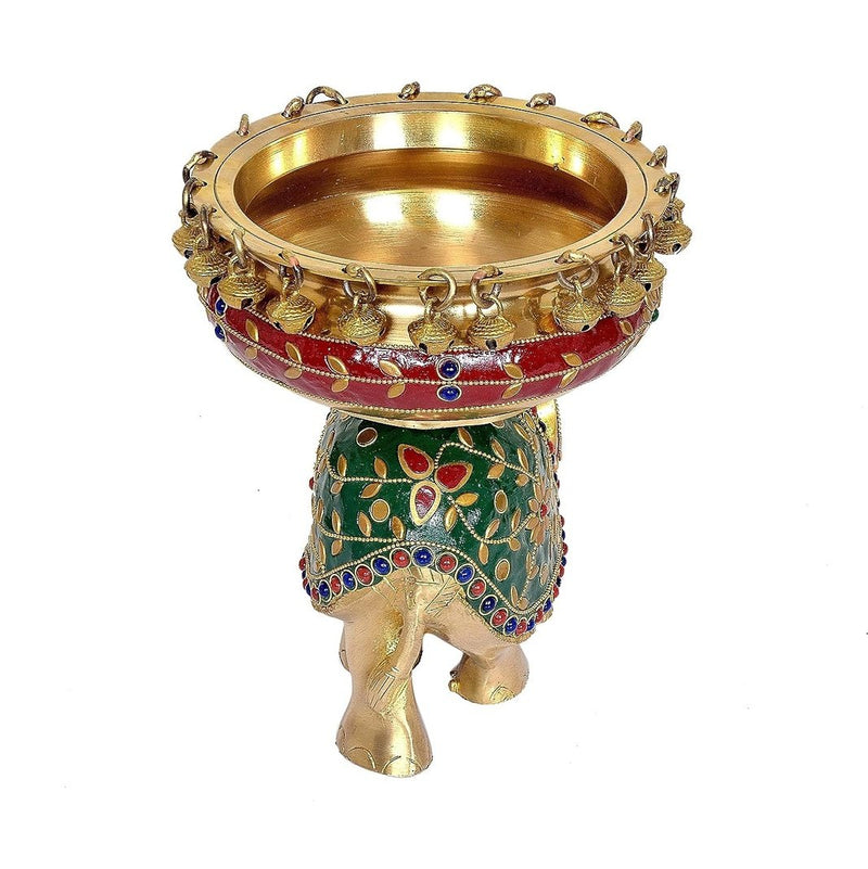 Brass Elephant with Urli Statue (Height : 9 Inches)