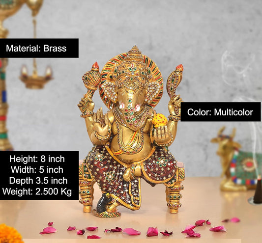 Brass Ganesha Statue Sitting On Chowki (Height 8 Inch)