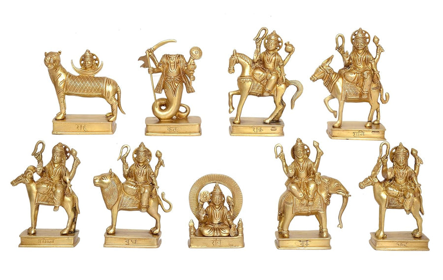 Brass Navagraha Nine Planetary Deities Intricate Sculpture (Height: 6.5 Inch) Craft Detail