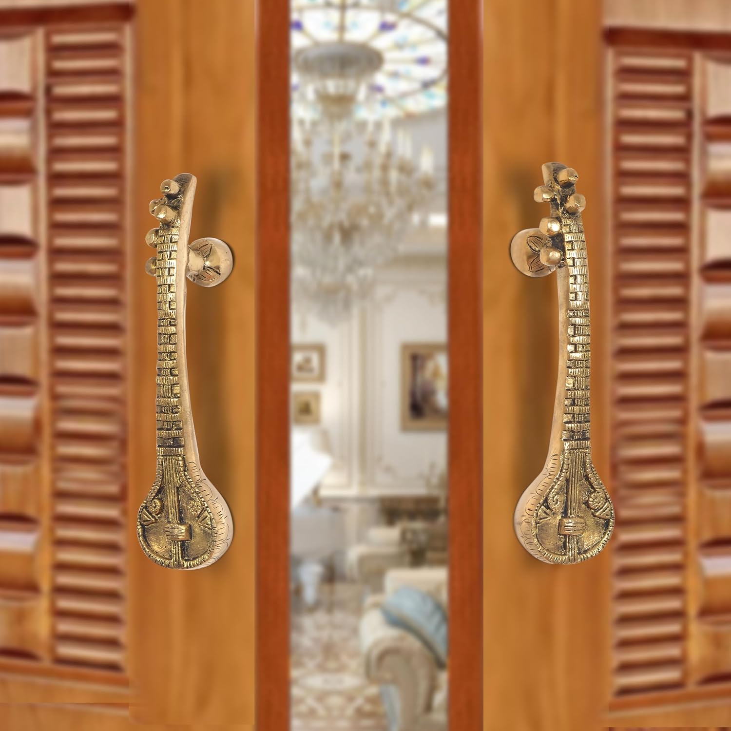 Brass Sitar Shape Door Handle Pair (Pack of 2) (Height : 8 inch)