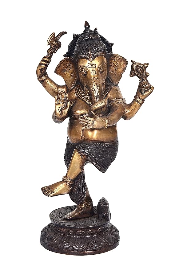 Brass Lord Four Hand Dancing Ganesha Idol Figurine Ganesha Idol for Home Office Temple Decorative Gift Item Multicolour Height 11 Inches Entryway Setting