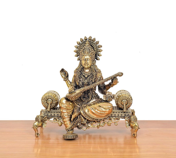 Superfine Brass Goddess Saraswati On Throne Idol (Height: 8 inch) Study Setting