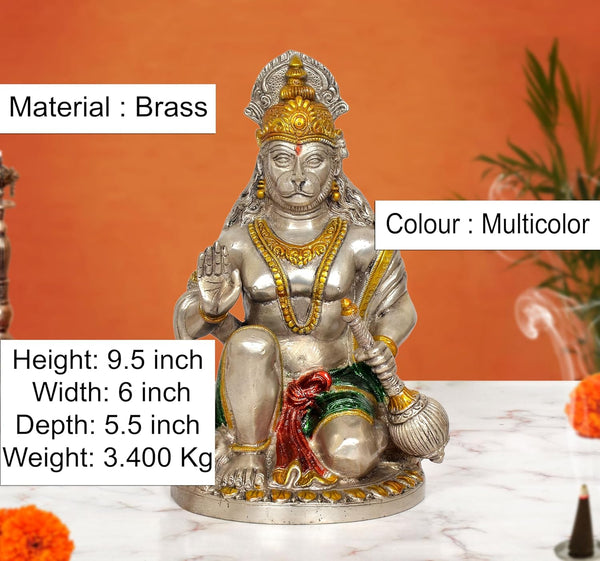Brass Hanuman JI Sitting in Blessing Sculpture (Height 9.5 Inch)(Multicolor 1) Entryway Setting