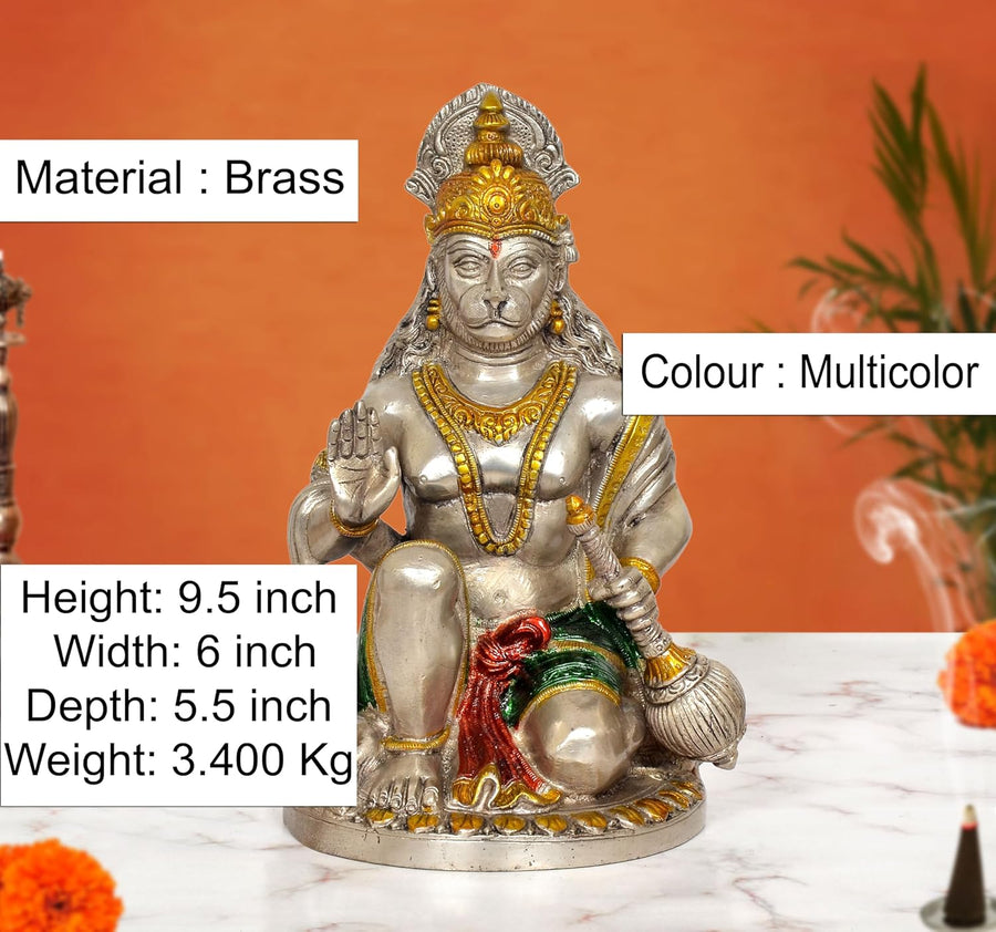 Brass Hanuman JI Sitting in Blessing Sculpture (Height 9.5 Inch)(Multicolor 1) Craft Detail