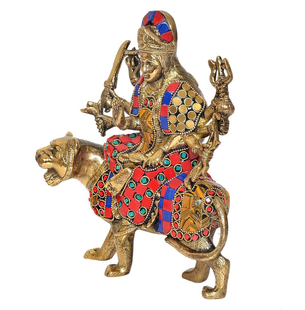 Brass Durga Maa with Lion Idol Hindu Goddess Sherawali MATA Murti MATA Rani Statue Figurine Home Temple (Height: 8 Inch) multicolour Study Setting