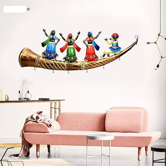 Iron Wall hanging showing Marwari Dance on Trumpet (Height: 29 Inches)