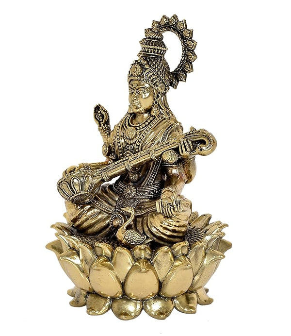 Fine Brass Goddess Saraswati Sitting On lotus Devi of Study (Height: 6 Inch) Study Setting