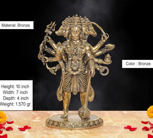 Superfine Brass Standing Panchmukhi Hanuman Figurine Ten Armed (Height :10 Inches)